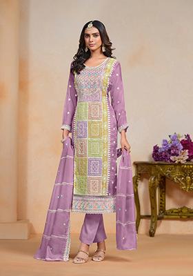 Purple Embroidered Organza Kurta Set