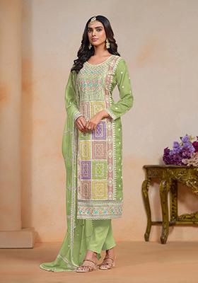 Green Embroidered Organza Kurta Set
