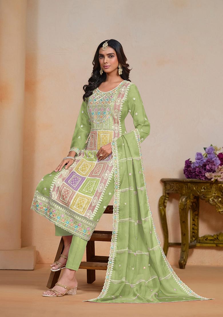 Green Embroidered Organza Kurta Set