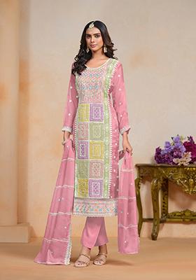 Pink Embroidered Organza Kurta Set