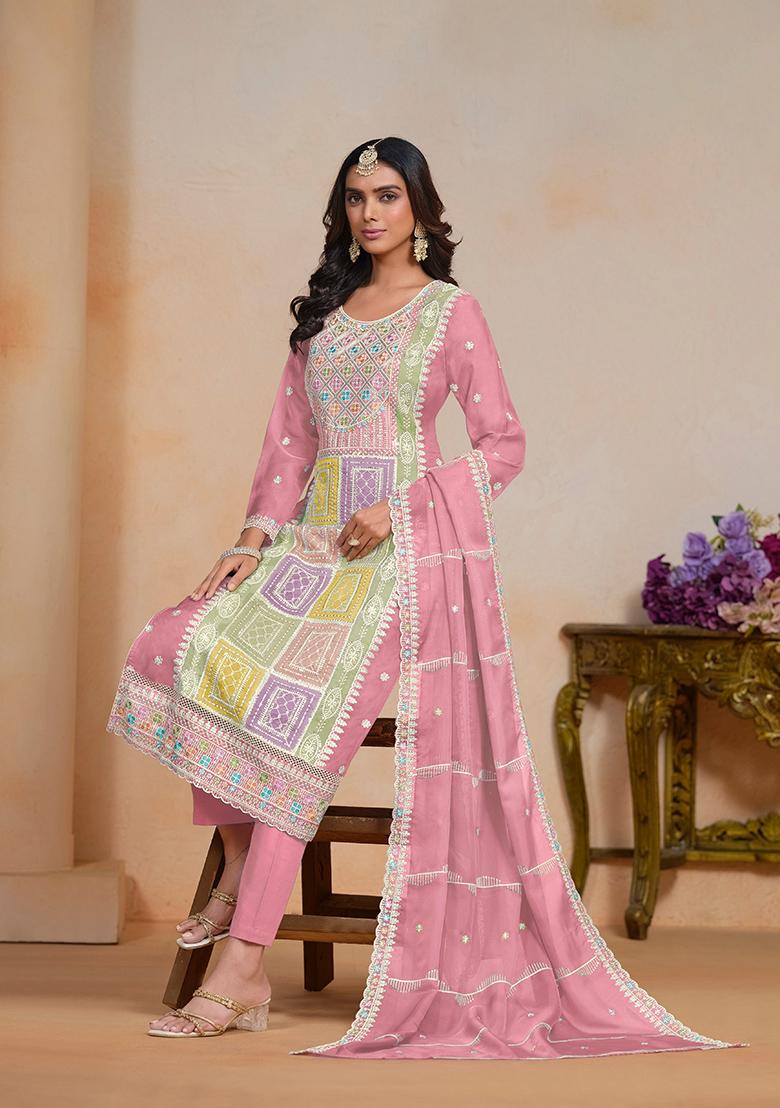 Pink Embroidered Organza Kurta Set