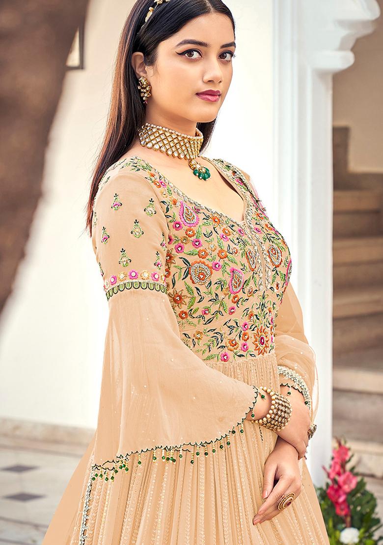 Beige Embroidered Georgette Kurta Set