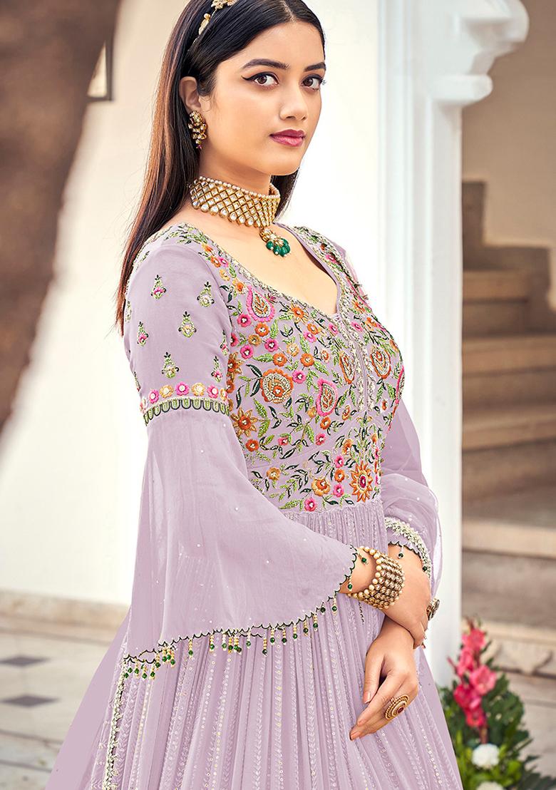 Lavender Embroidered Georgette Kurta Set