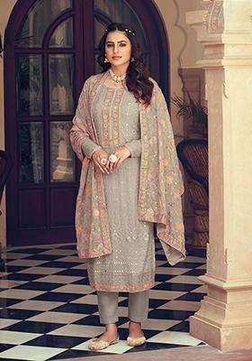 Beige Embroidered Georgette Kurta Set