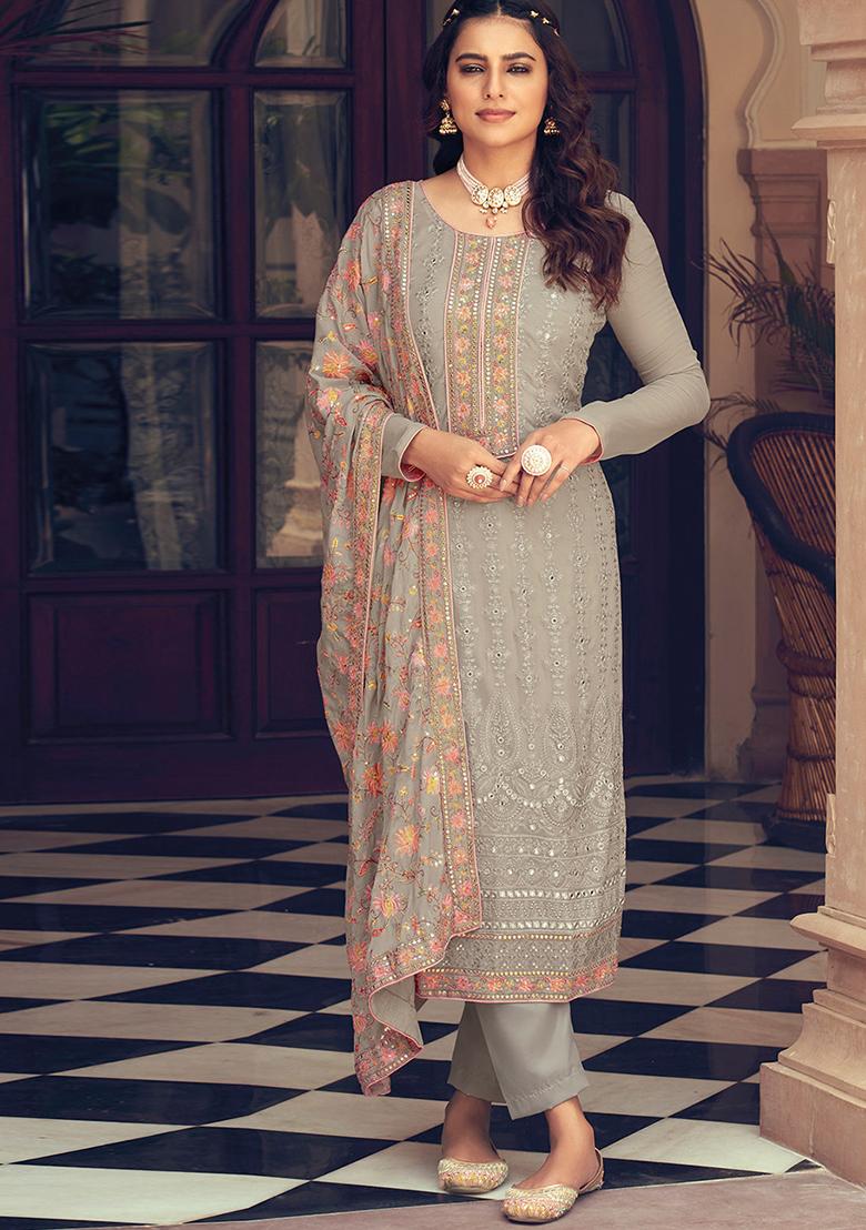 Beige Embroidered Georgette Kurta Set