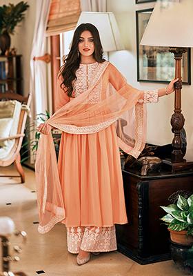 Peach Embroidered Georgette Kurta Set