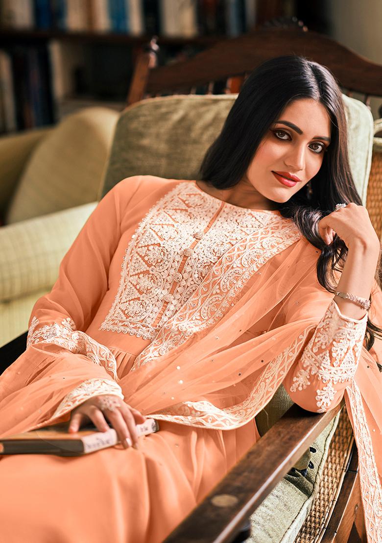 Peach Embroidered Georgette Kurta Set