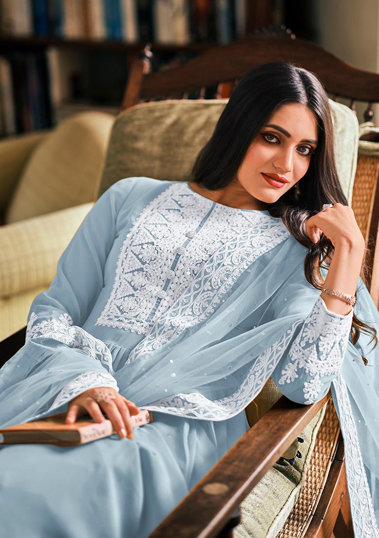 Light Blue Embroidered Georgette Kurta Set