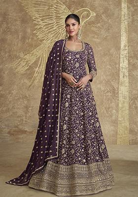 Dark Purple Embroidered Georgette Kurta Set