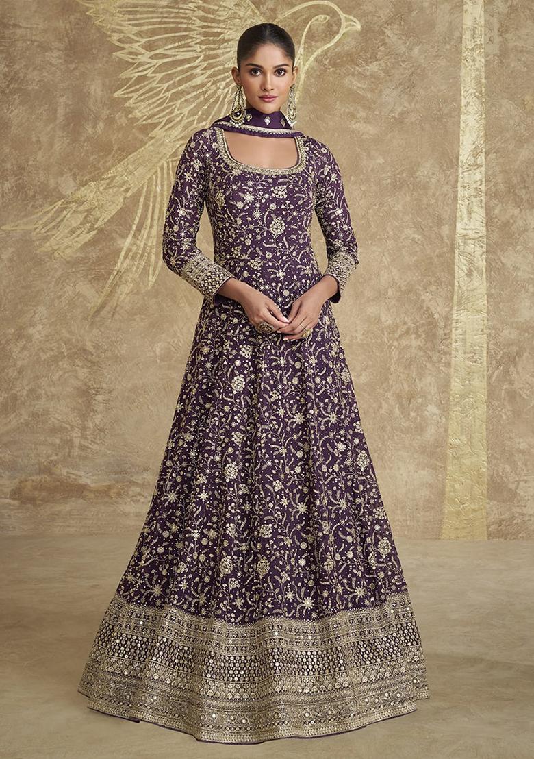Dark Purple Embroidered Georgette Kurta Set