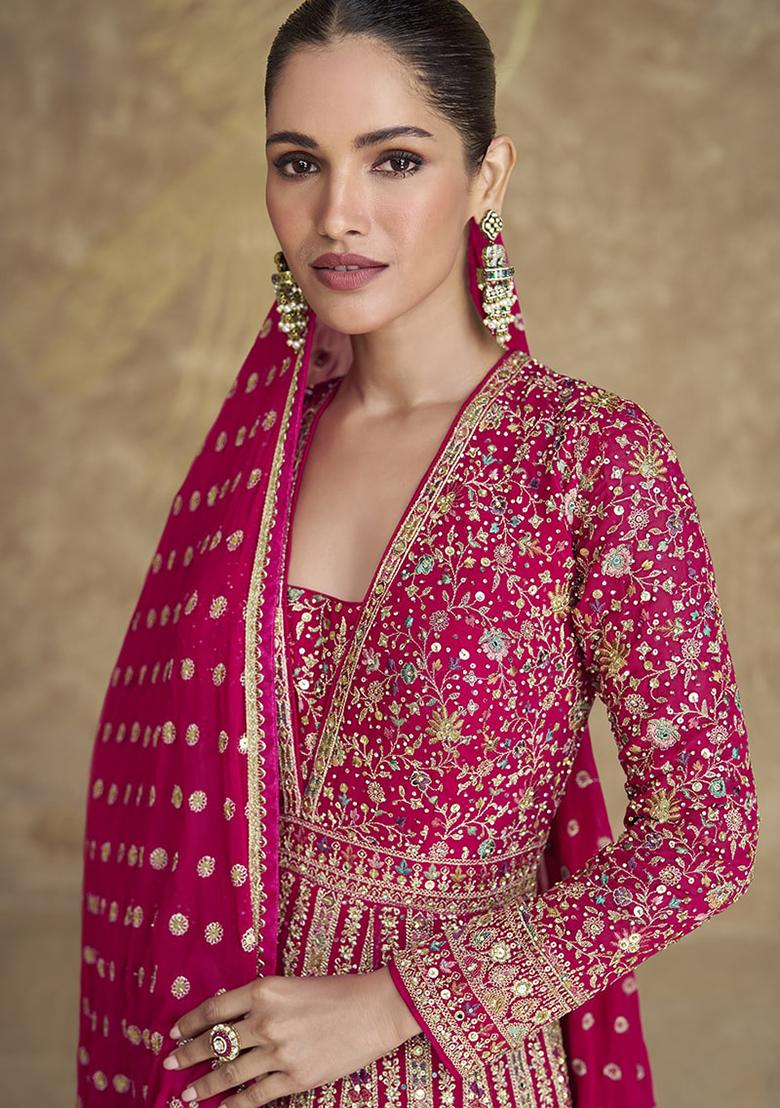 Rani Pink Embroidered Georgette Kurta Set