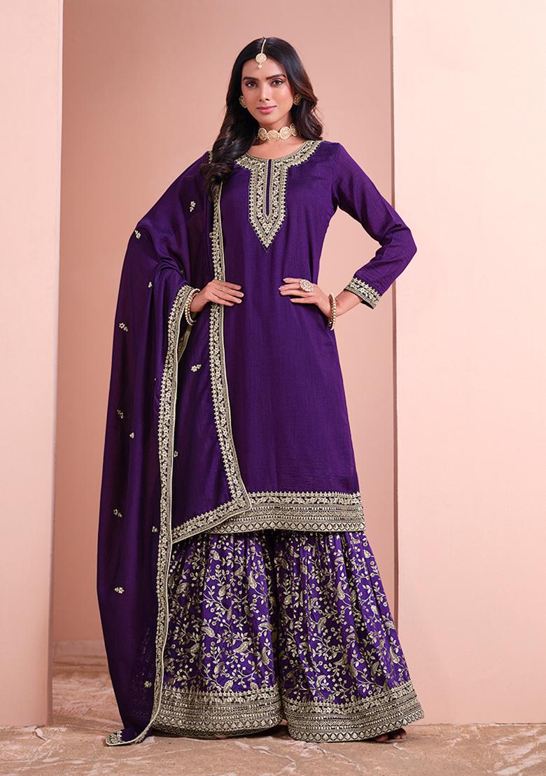 Dark Purple Embroidered Art Silk Kurta Set