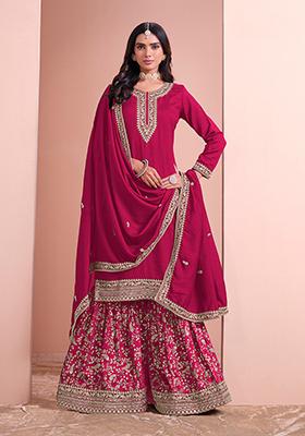 Rani Pink Embroidered Art Silk Kurta Set