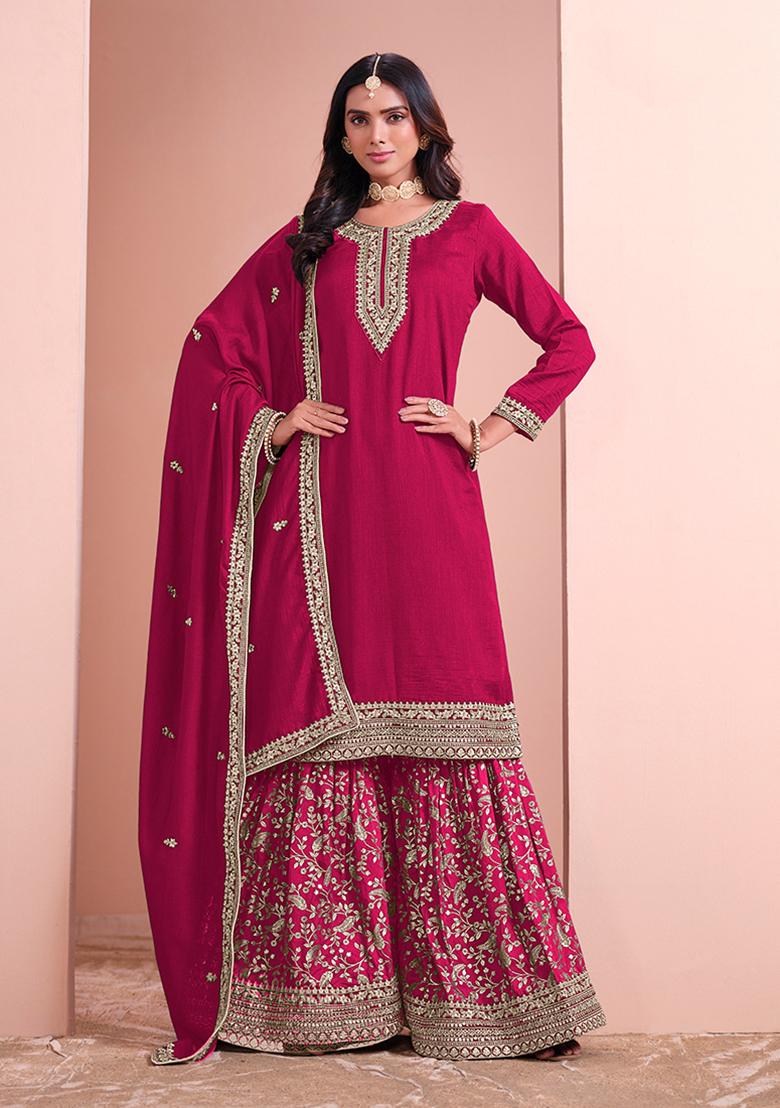 Rani Pink Embroidered Art Silk Kurta Set