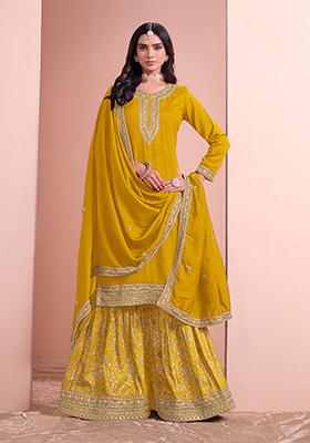 Mustard Embroidered Art Silk Kurta Set