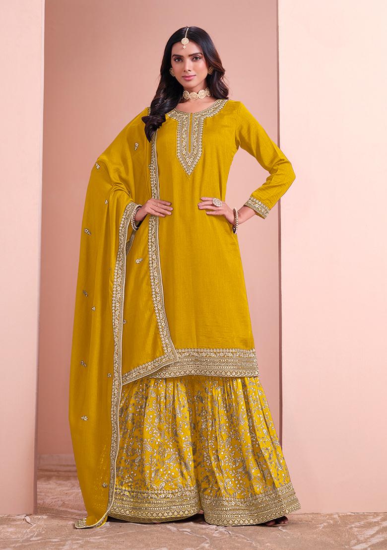 Mustard Embroidered Art Silk Kurta Set