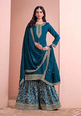Teal Embroidered Art Silk Kurta Set