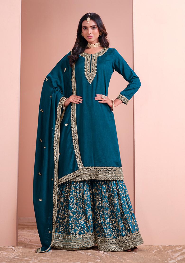 Teal Embroidered Art Silk Kurta Set