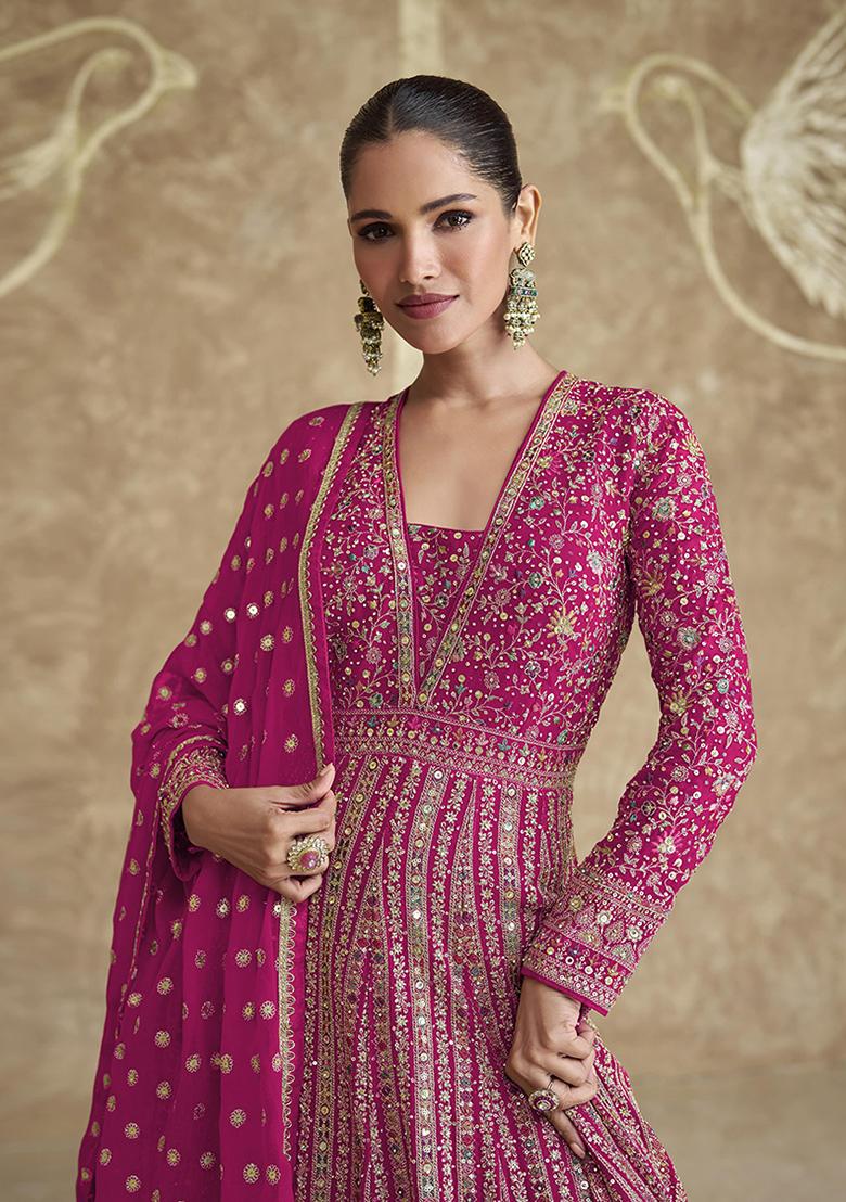 Rani Pink Embroidered Georgette Kurta Set