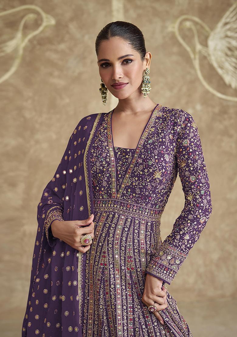 Purple Embroidered Georgette Kurta Set