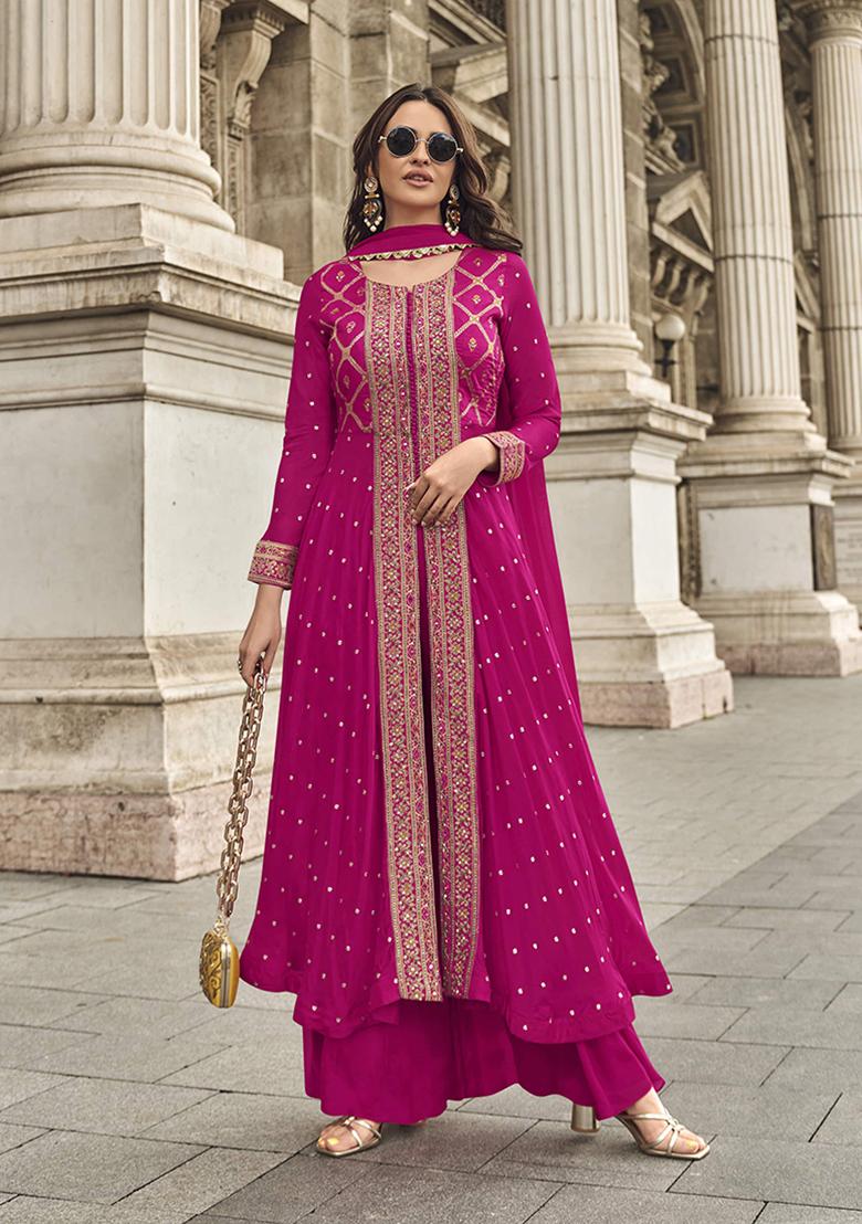 Rani Pink Embroidered Viscose Kurta Set