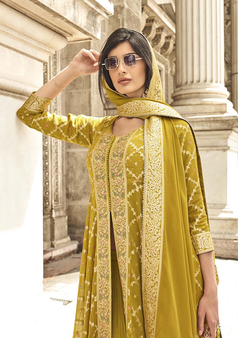 Mustard Embroidered Viscose Kurta Set