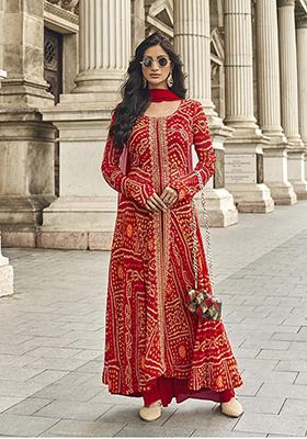 Red Embroidered Viscose Kurta Set