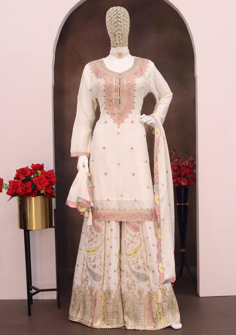 White Embroidered Chinon Kurta Set