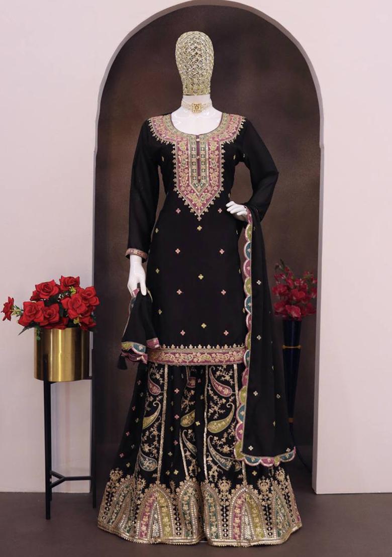 Black Embroidered Chinon Kurta Set