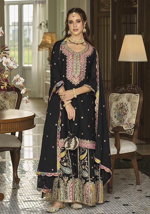 Black Embroidered Chinon Kurta Set