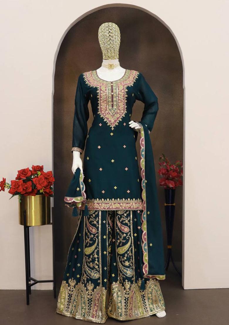 Blue Embroidered Chinon Kurta Set