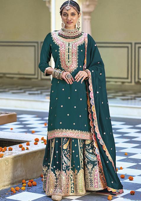 Blue Embroidered Chinon Kurta Set