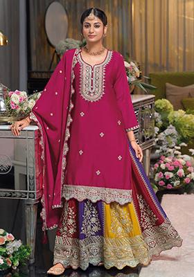 Red Embroidered Chinon Kurta Set