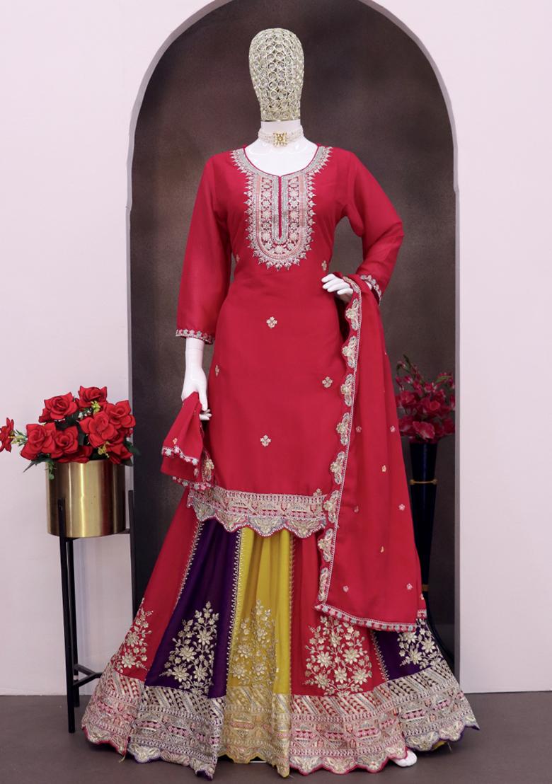 Red Embroidered Chinon Kurta Set