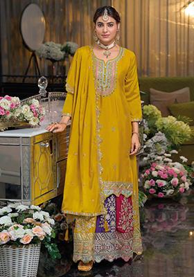Yellow Embroidered Chinon Kurta Set