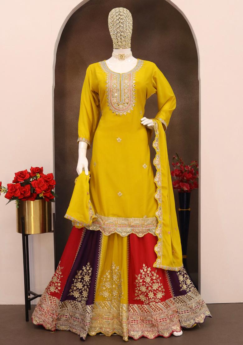 Yellow Embroidered Chinon Kurta Set