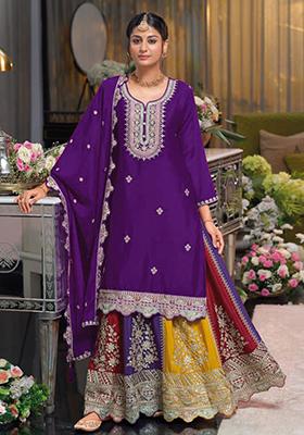 Purple Embroidered Chinon Kurta Set