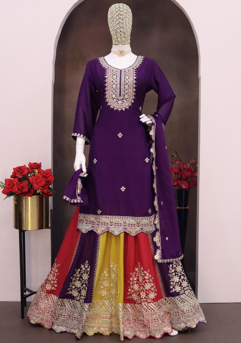Purple Embroidered Chinon Kurta Set