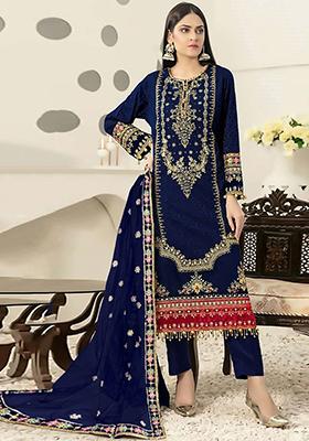 Blue Embroidered Velvet Kurta Set