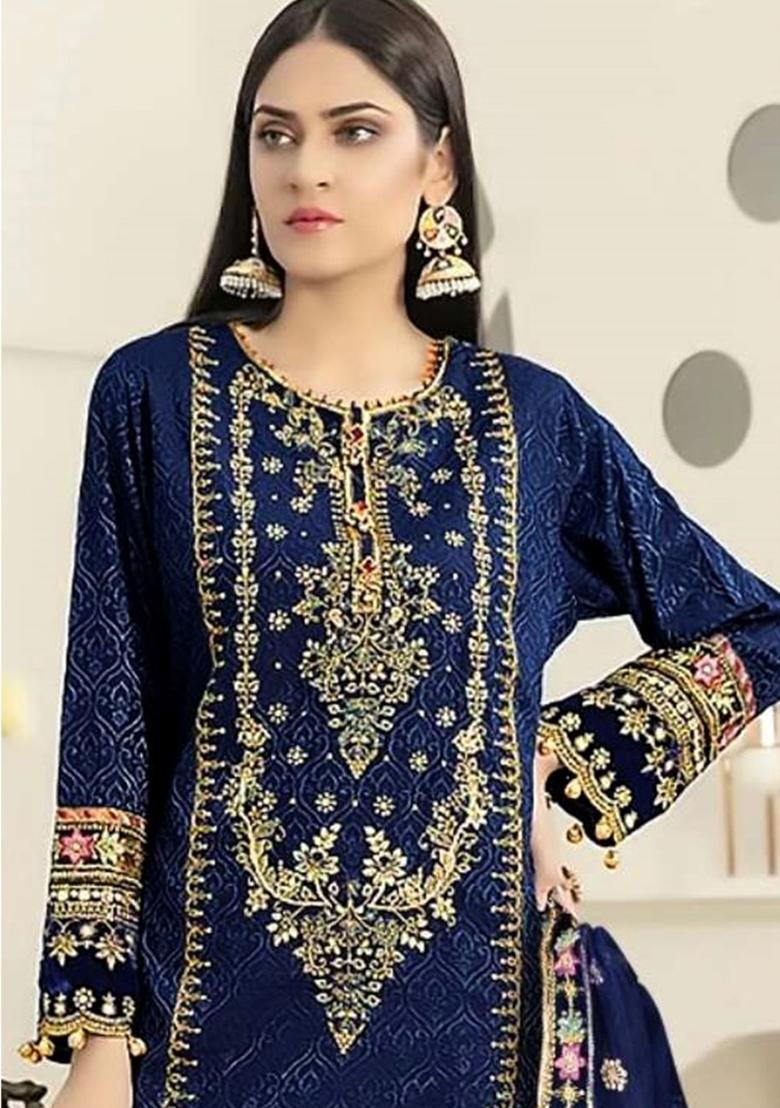 Blue Embroidered Velvet Kurta Set