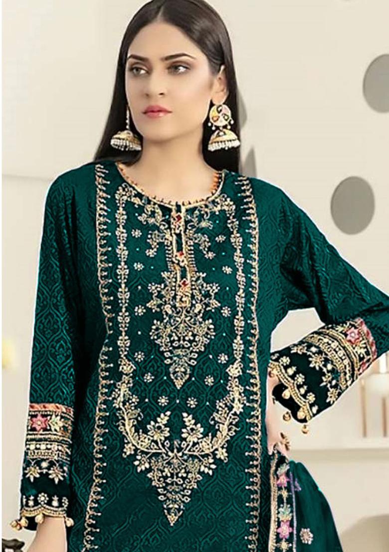Green Embroidered Velvet Kurta Set