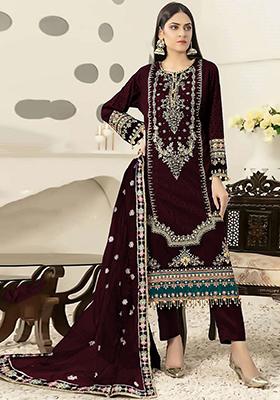 Maroon Embroidered Velvet Kurta Set