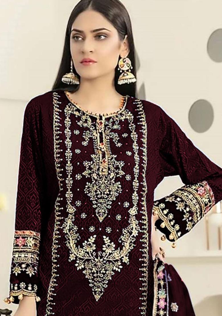 Maroon Embroidered Velvet Kurta Set