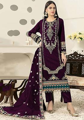 Purple Embroidered Velvet Kurta Set