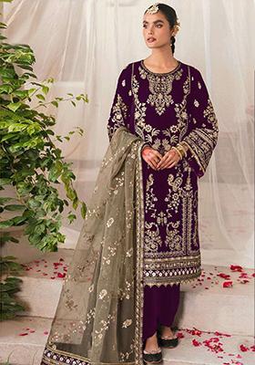 Purple Embroidered Velvet Kurta Set