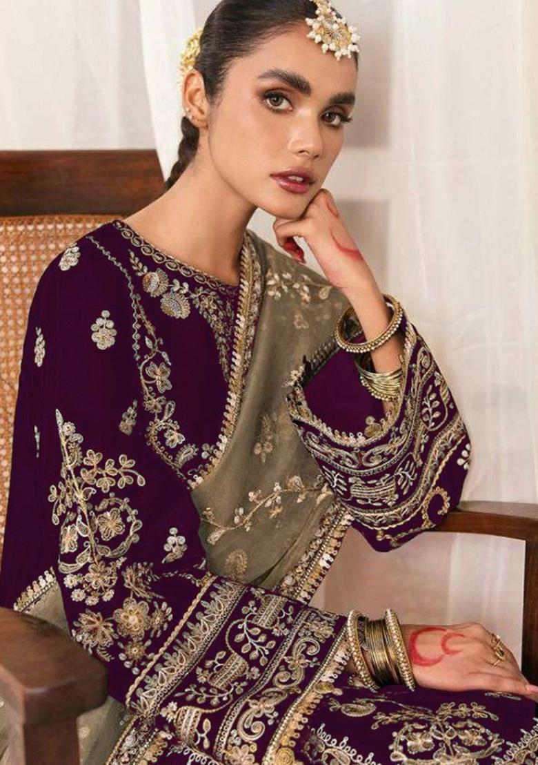 Purple Embroidered Velvet Kurta Set