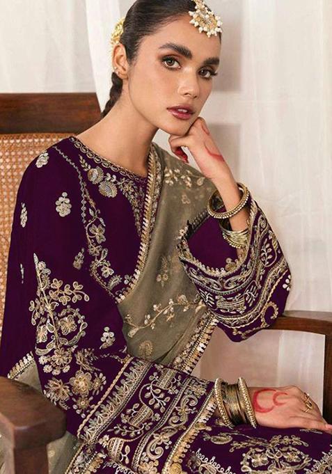 Purple Embroidered Velvet Kurta with Dupatta Set