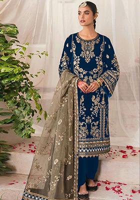 Blue Embroidered Velvet Kurta Set