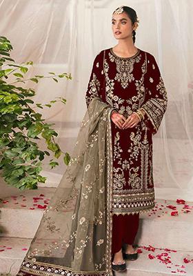 Maroon Embroidered Velvet Kurta Set