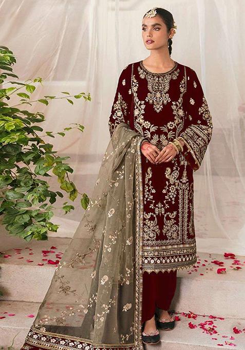 Maroon Embroidered Velvet Kurta Set